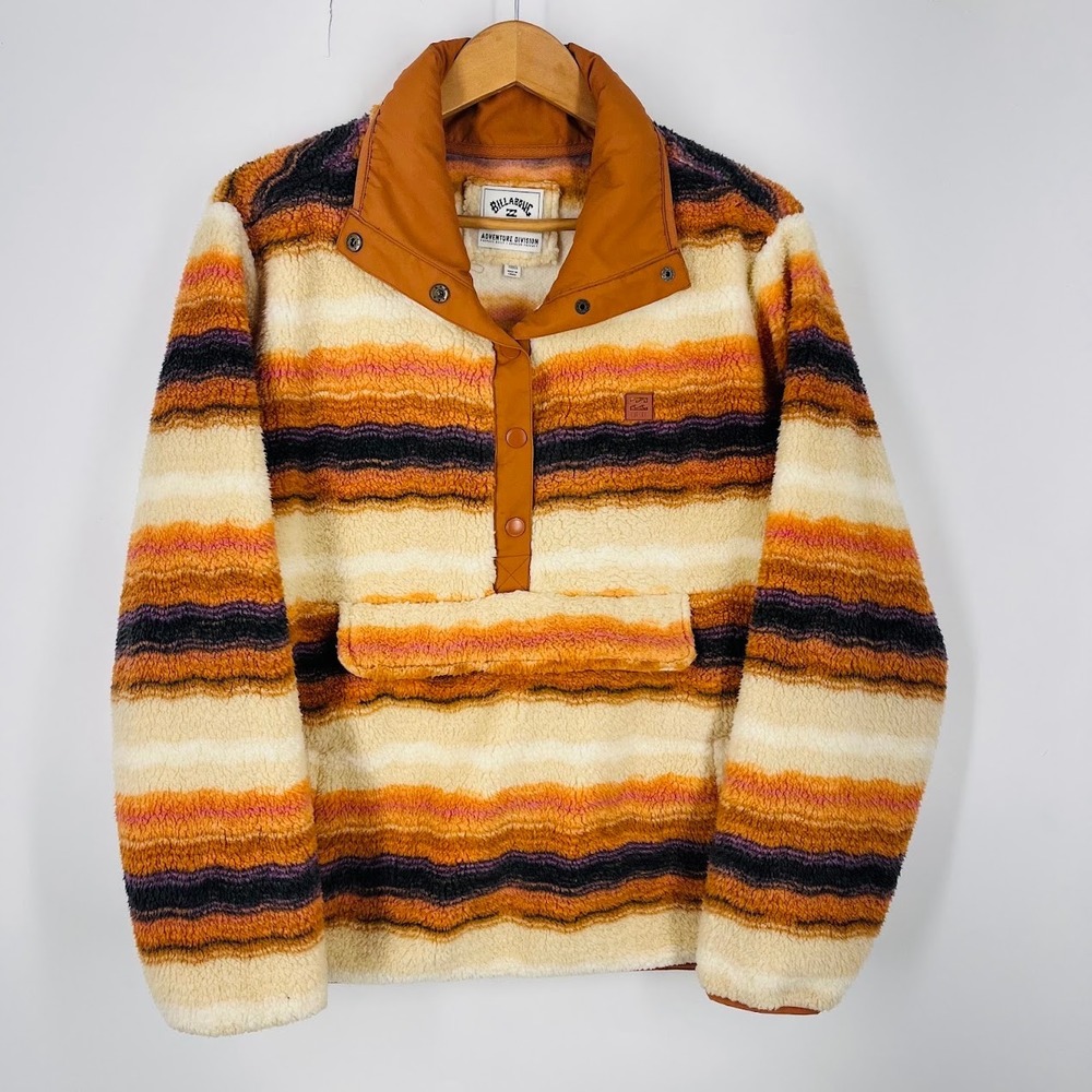 Billabong Adventure Division Striped Sherpa Fleece Snap Pullover Orange Cream XL